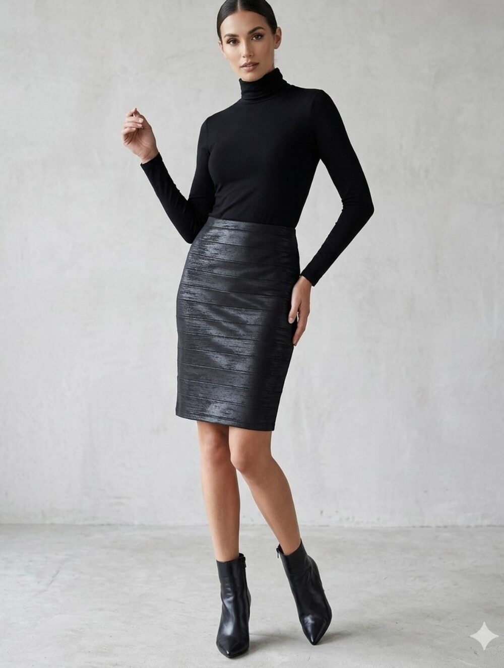 Frank Lyman Pull On Pencil Skirt Black Coated Jersey Faux Leather Look